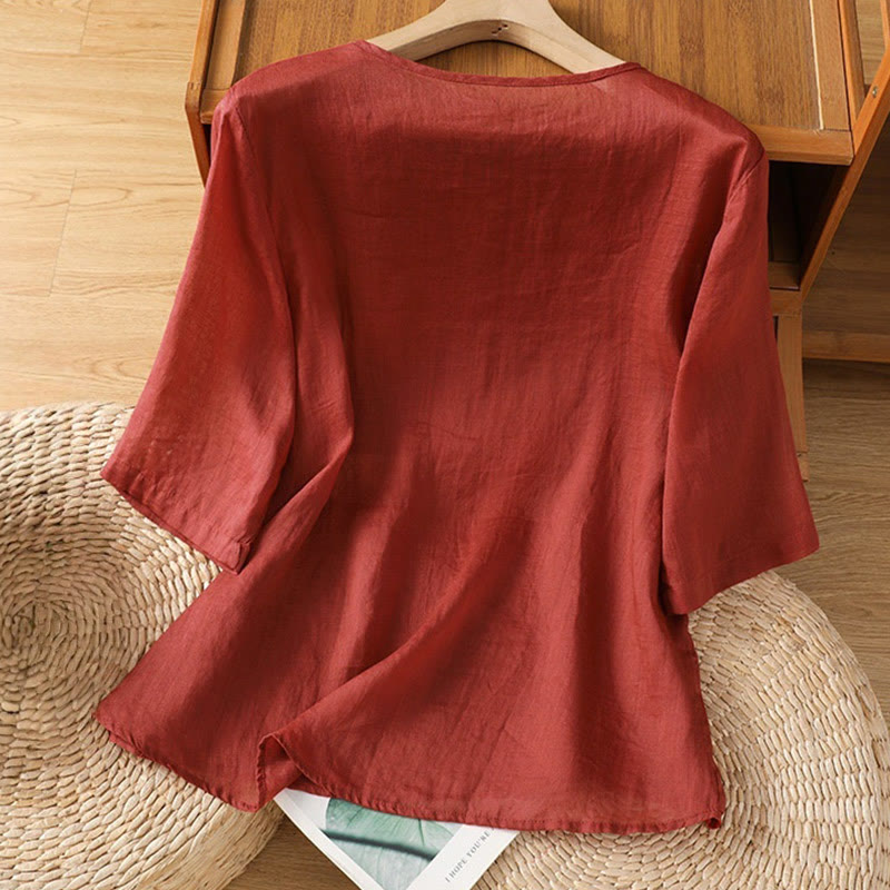 Buddha Stones Casual Embroidery Flowers Cotton Polyester Half Sleeve Women's Crew Neck Shirt - image 1