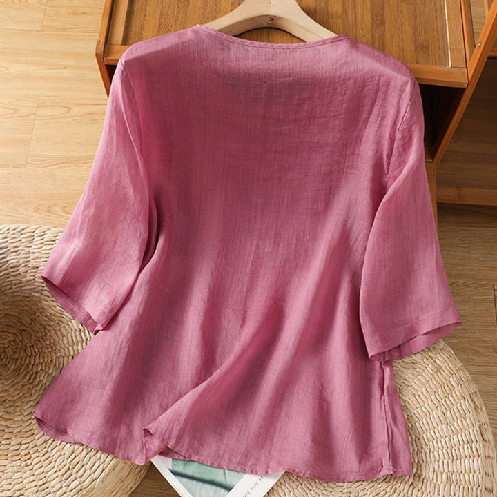 Buddha Stones Casual Embroidery Flowers Cotton Polyester Half Sleeve Women's Crew Neck Shirt - image 8