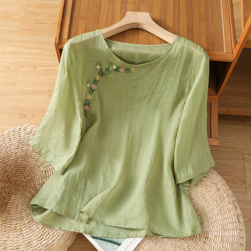 Buddha Stones Casual Embroidery Flowers Cotton Polyester Half Sleeve Women's Crew Neck Shirt - LightGreen - US14，UK/AU18，EU46 (2XL) - image 16
