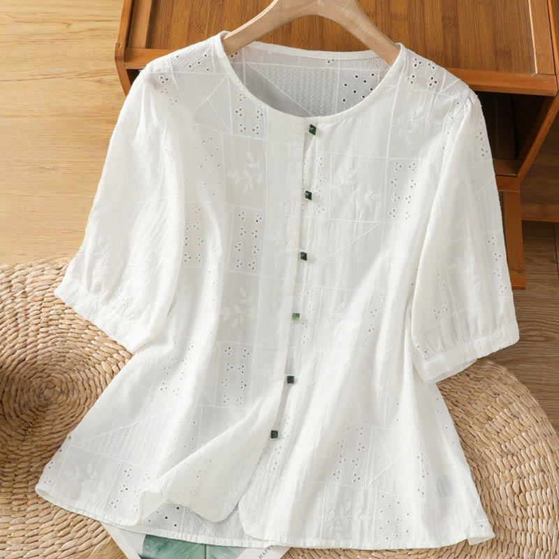 Buddha Stones Casual Embroidery Hollow Cotton Polyester Half Sleeve Women's Crew Neck Shirt - White - US8-10，UK/AU12-14，EU40-42 (2XL) - image 0
