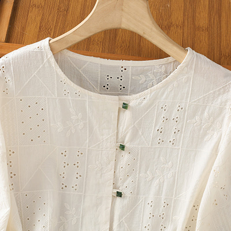 Buddha Stones Casual Embroidery Hollow Cotton Polyester Half Sleeve Women's Crew Neck Shirt - image 7