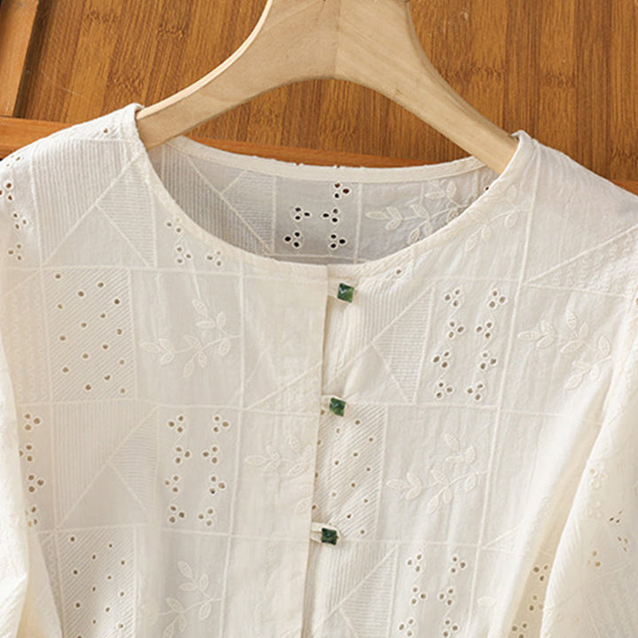 Buddha Stones Casual Embroidery Hollow Cotton Polyester Half Sleeve Women's Crew Neck Shirt - image 7