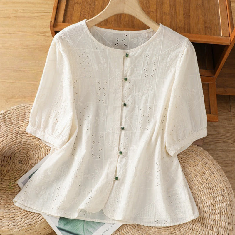 Buddha Stones Casual Embroidery Hollow Cotton Polyester Half Sleeve Women's Crew Neck Shirt - OldLace - US8-10，UK/AU12-14，EU40-42 (2XL) - image 6