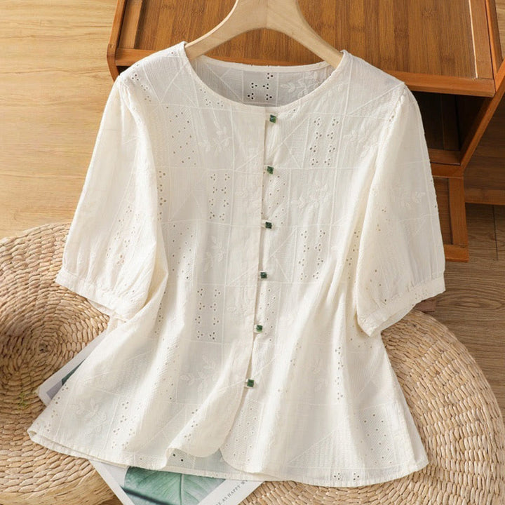 Buddha Stones Casual Embroidery Hollow Cotton Polyester Half Sleeve Women's Crew Neck Shirt - OldLace - US8-10，UK/AU12-14，EU40-42 (2XL) - image 6