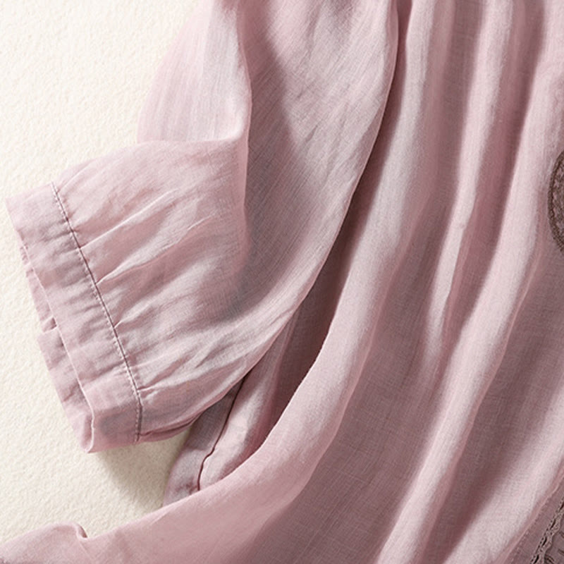 Buddha Stones Casual Embroidered Pattern Women's V-neck Design Half Sleeve Cotton Linen T-shirt - image 1