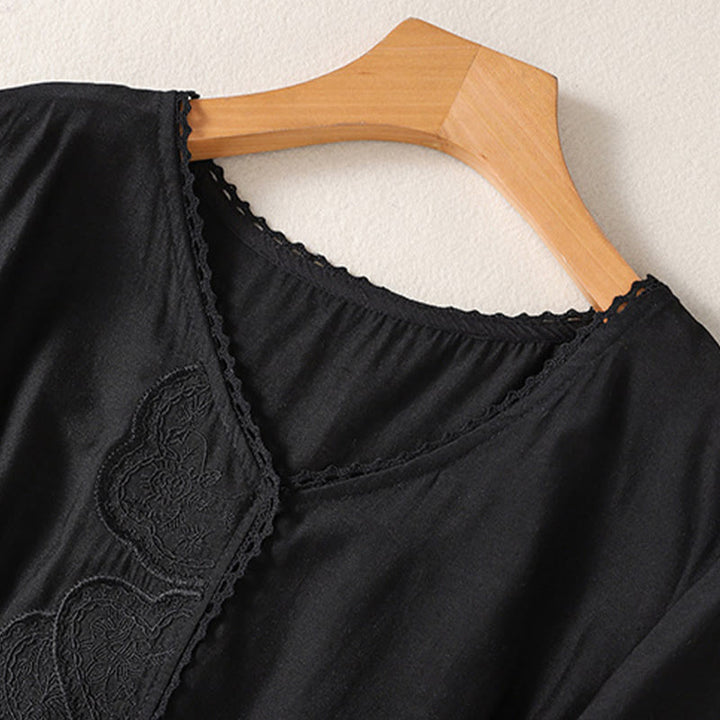 Buddha Stones Casual Embroidered Pattern Women's V-neck Design Half Sleeve Cotton Linen T-shirt - image 6