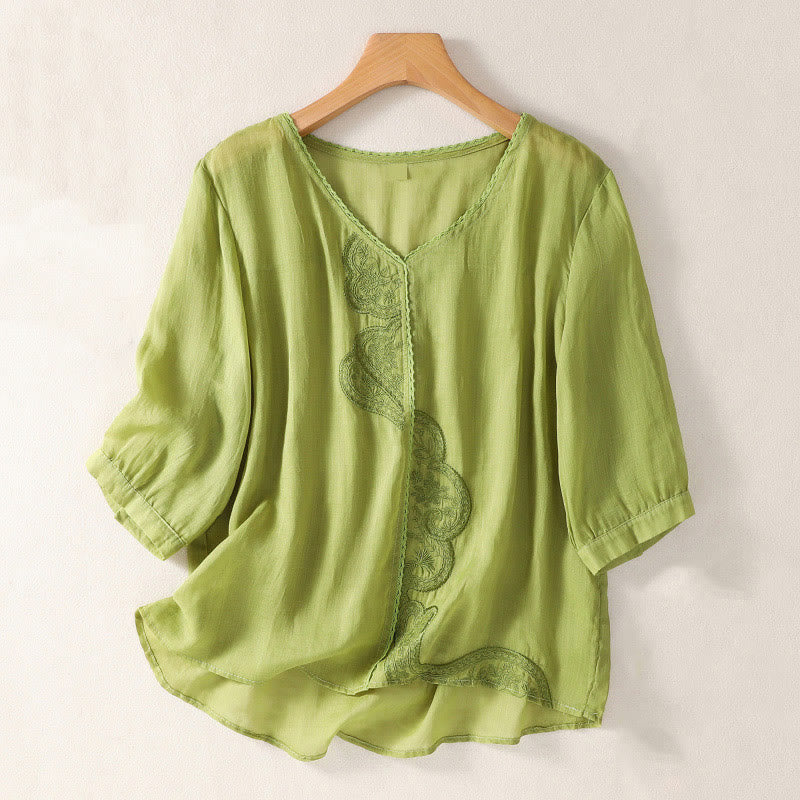 Buddha Stones Casual Embroidered Pattern Women's V-neck Design Half Sleeve T-shirt - YellowGreen - US14，UK/AU18，EU46 (2XL) - image 13