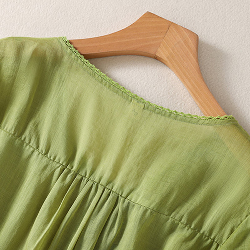 Buddha Stones Casual Embroidered Pattern Women's V-neck Design Half Sleeve Cotton Linen T-shirt - image 21