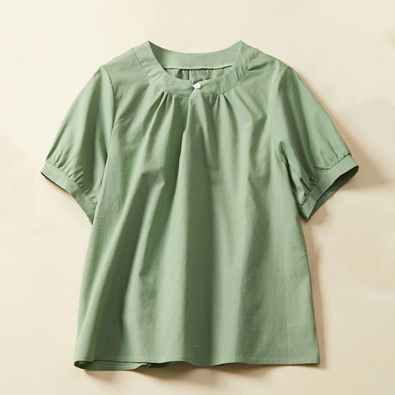 Buddha Stones Casual Plain Button Women's Short Sleeve Cotton Linen T-shirt - MediumSeaGreen - US14，UK/AU18，EU46 (2XL) - image 0
