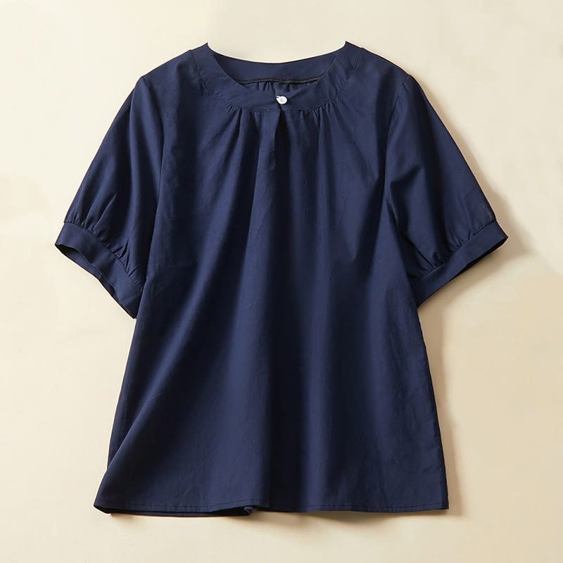 Buddha Stones Casual Plain Button Women's Short Sleeve Cotton Linen T-shirt - Navy - US14，UK/AU18，EU46 (2XL) - image 4