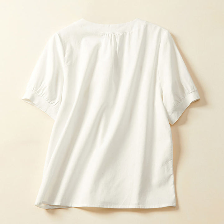 Buddha Stones Casual Plain Button Women's Short Sleeve Cotton Linen T-shirt - image 3