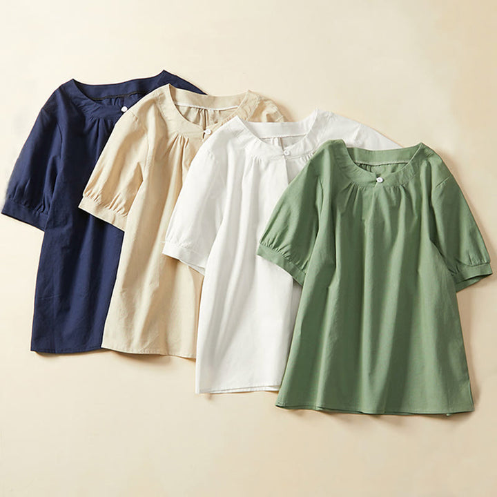 Buddha Stones Casual Plain Button Women's Short Sleeve Cotton Linen T-shirt - image 13