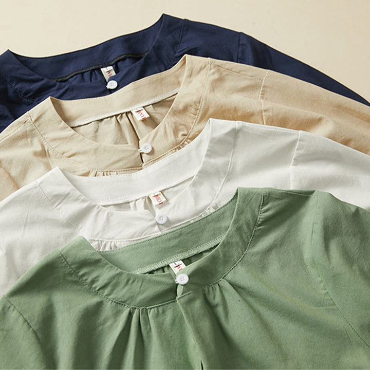 Buddha Stones Casual Plain Button Women's Short Sleeve Cotton Linen T-shirt - image 14