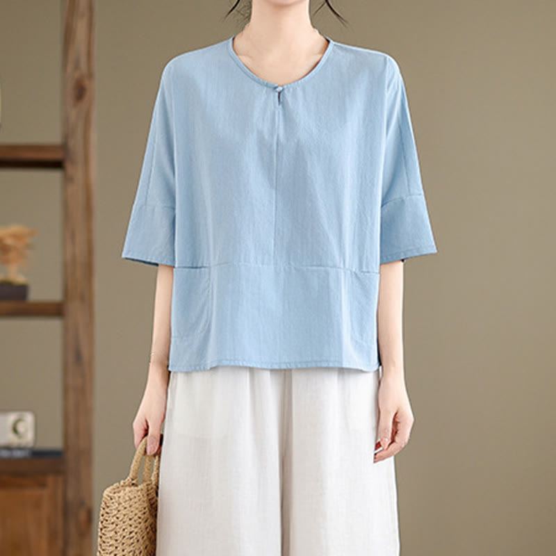 Buddha Stones Casual Plain Women's Half Sleeve Cotton Polyester T-shirt With Pockets - image 2
