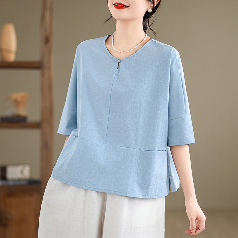 Buddha Stones Casual Plain Women's Half Sleeve Cotton Polyester T-shirt With Pockets - image 1