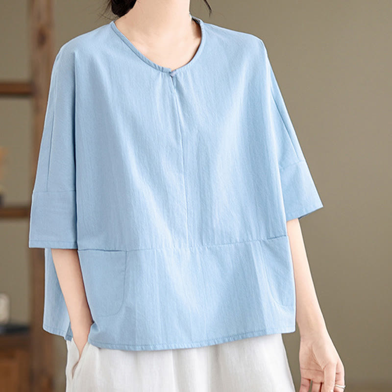 Buddha Stones Casual Plain Women's Half Sleeve Cotton Polyester T-shirt With Pockets - image 5