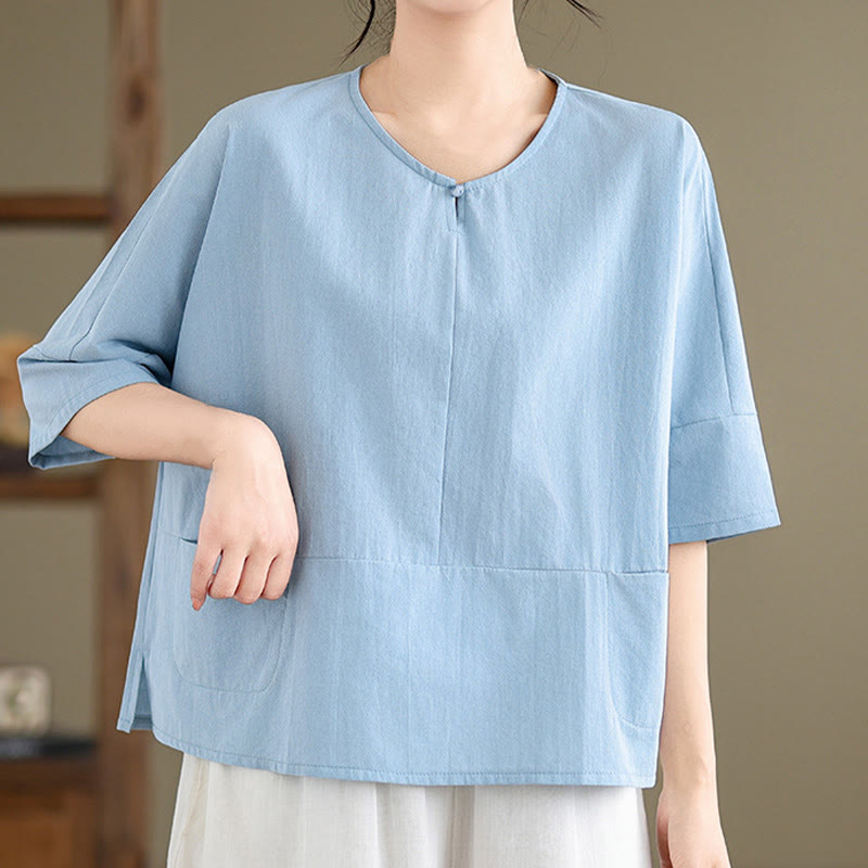 Buddha Stones Casual Plain Women's Half Sleeve Cotton Polyester T-shirt With Pockets - image 3
