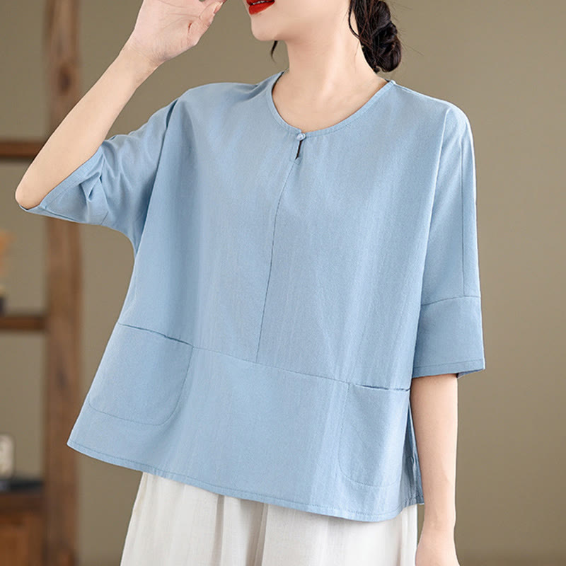 Buddha Stones Casual Plain Women's Half Sleeve Cotton Polyester T-shirt With Pockets - LightSkyBlue - US14，UK/AU18，EU46 (2XL) - image 0