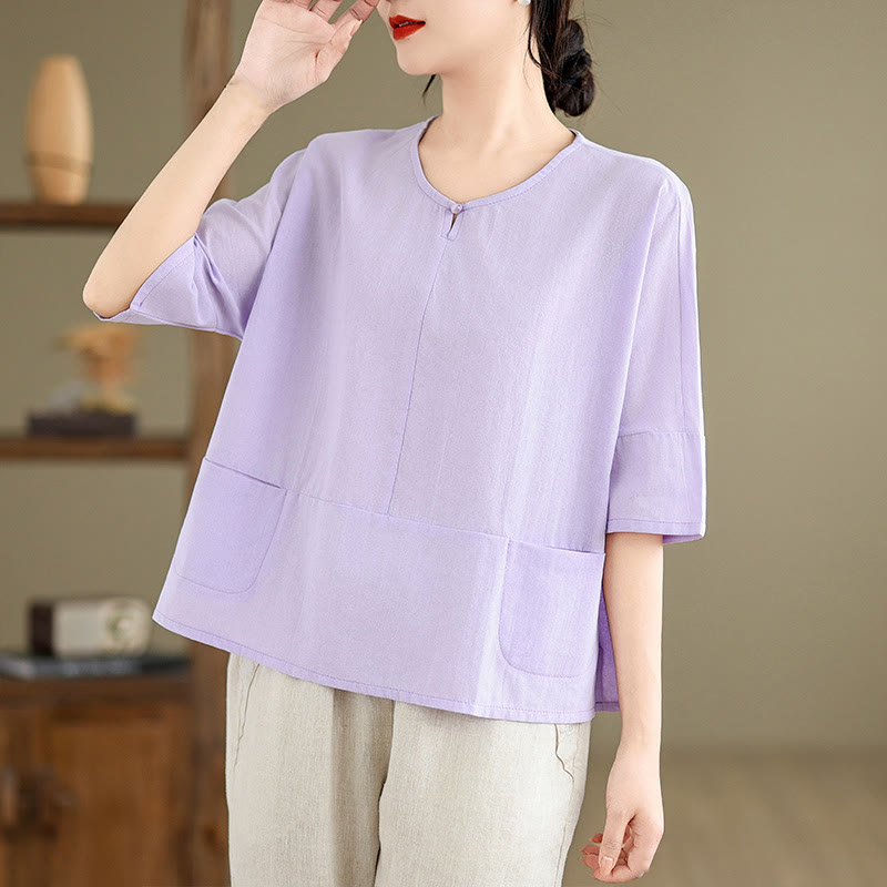 Buddha Stones Casual Plain Women's Half Sleeve Cotton Polyester T-shirt With Pockets - image 8