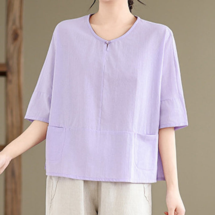 Buddha Stones Casual Plain Women's Half Sleeve Cotton Polyester T-shirt With Pockets - image 7