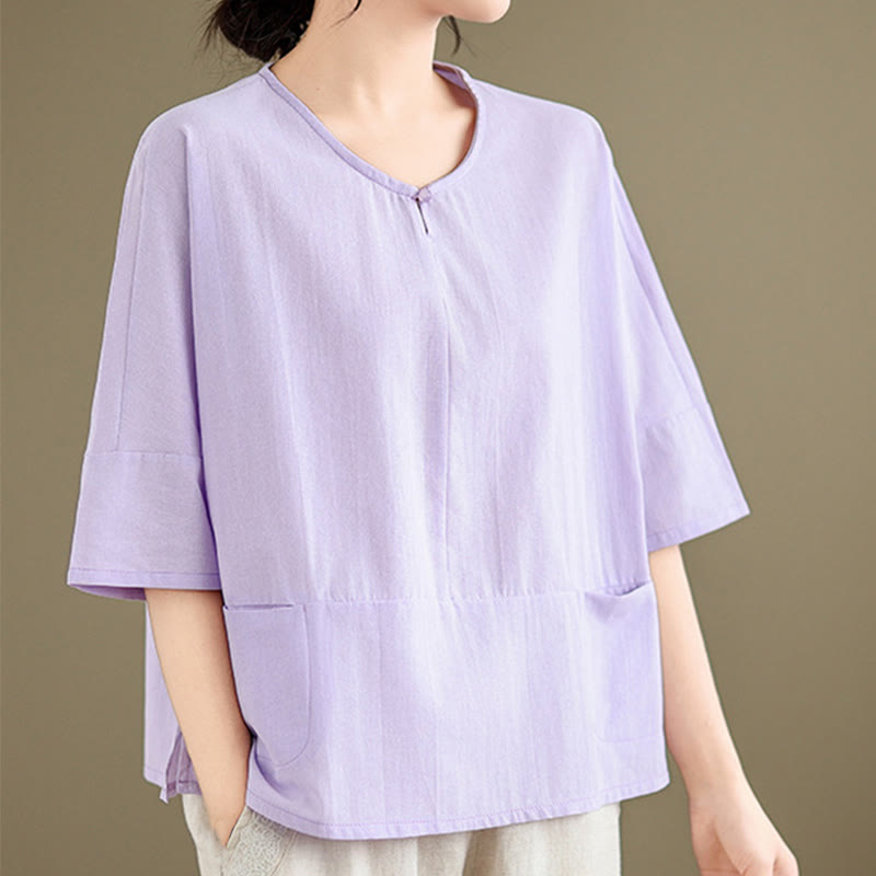 Buddha Stones Casual Plain Women's Half Sleeve Cotton Polyester T-shirt With Pockets - image 9