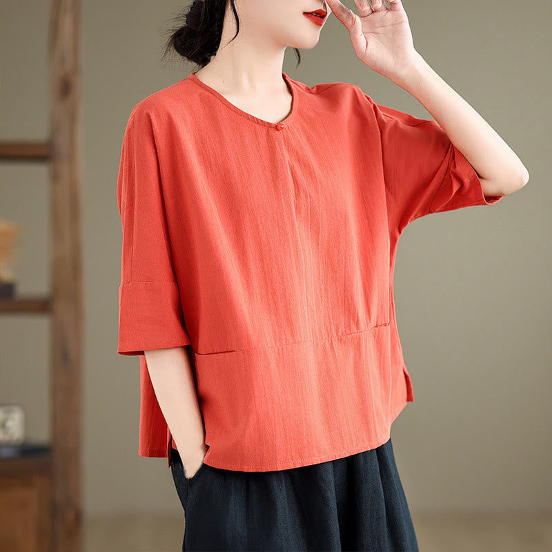Buddha Stones Casual Plain Women's Half Sleeve Cotton Polyester T-shirt With Pockets - image 12