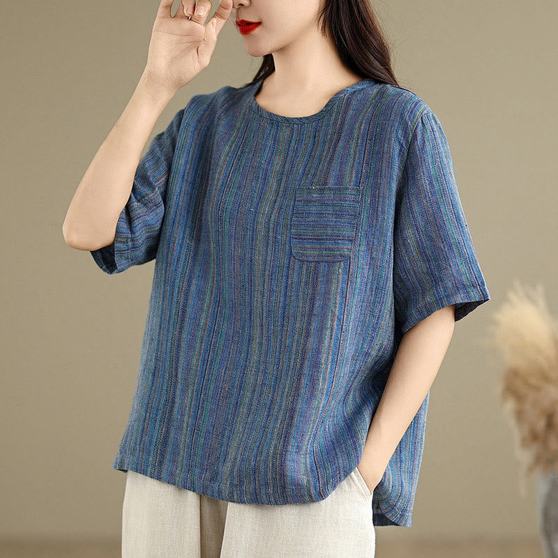 Buddha Stones Casual Retro Striped Women's Half Sleeve Cotton Linen T-shirt - SteelBlue - US12，UK/AU16，EU44 (2XL) - image 0