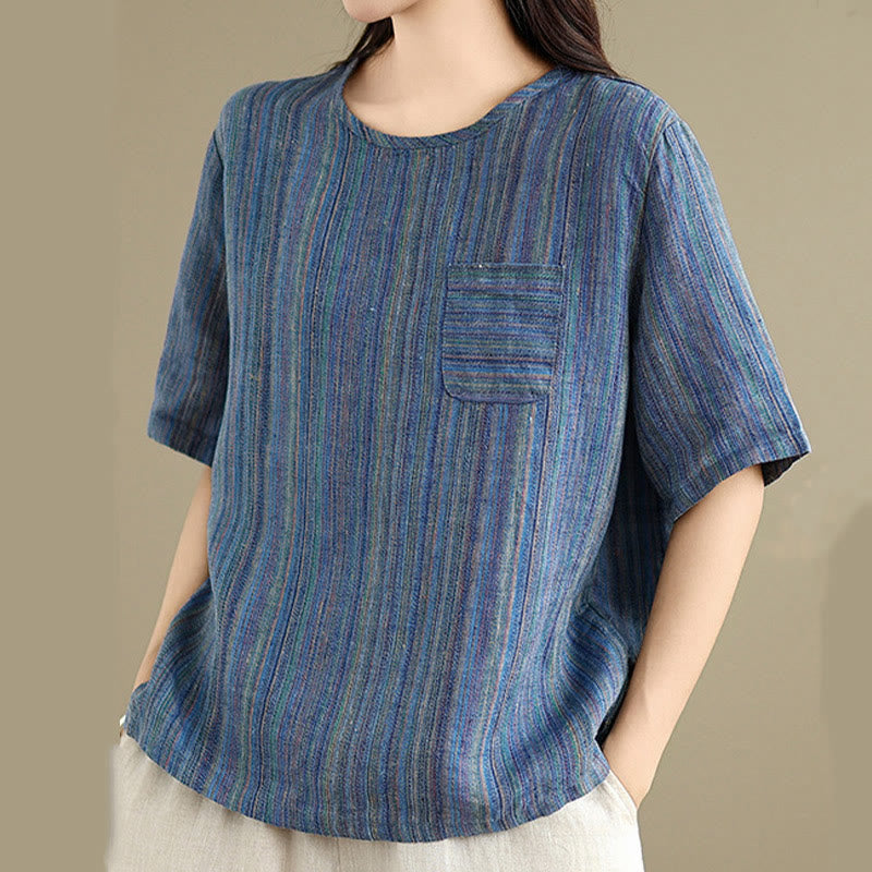 Buddha Stones Casual Retro Striped Women's Half Sleeve Cotton Linen T-shirt - image 1