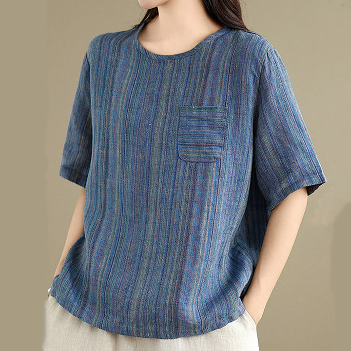 Buddha Stones Casual Retro Striped Women's Half Sleeve Cotton Linen T-shirt - image 1