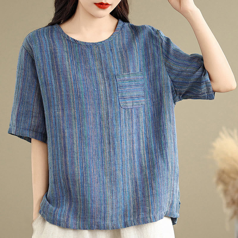 Buddha Stones Casual Retro Striped Women's Half Sleeve Cotton Linen T-shirt - image 2