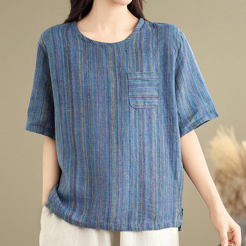 Buddha Stones Casual Retro Striped Women's Half Sleeve Cotton Linen T-shirt - image 8
