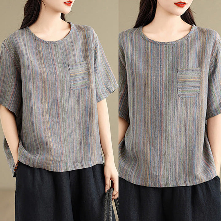 Buddha Stones Casual Retro Striped Women's Half Sleeve Cotton Linen T-shirt - image 14