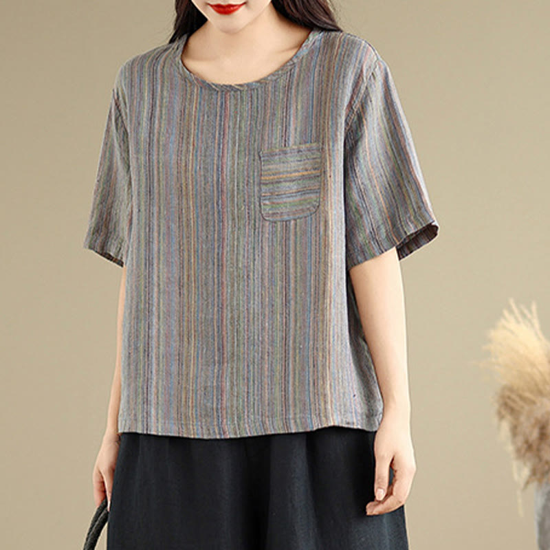 Buddha Stones Casual Retro Striped Women's Half Sleeve Cotton Linen T-shirt - image 12