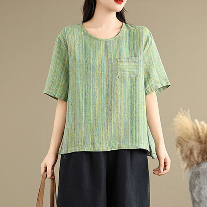 Buddha Stones Casual Retro Striped Women's Half Sleeve Cotton Linen T-shirt - image 17