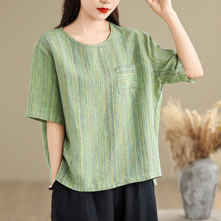 Buddha Stones Casual Retro Striped Women's Half Sleeve Cotton Linen T-shirt - DarkSeaGreen - US12，UK/AU16，EU44 (2XL) - image 15