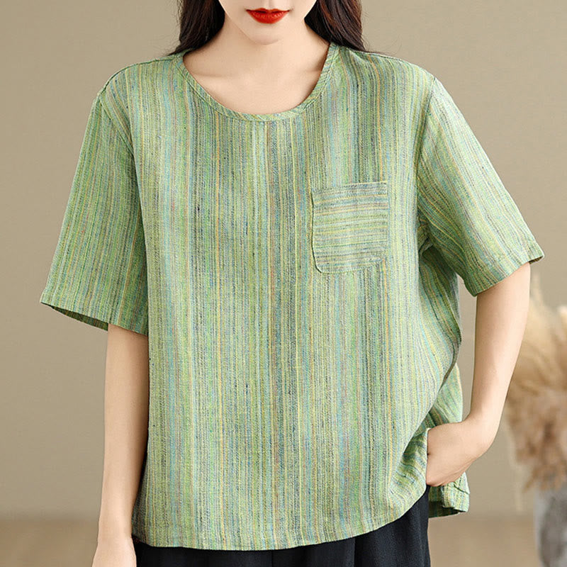 Buddha Stones Casual Retro Striped Women's Half Sleeve Cotton Linen T-shirt - image 18