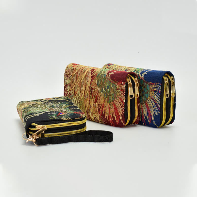 Buddha Stones Peacock Double-sided Embroidery Cash Holder Wallet Shopping Purse - image 5