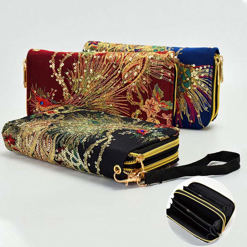 Buddha Stones Peacock Double-sided Embroidery Cash Holder Wallet Shopping Purse - image 1