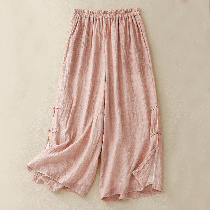 Buddha Stones Frog-Button Hem Slit Design Women's Wide Leg Cotton Linen Pants With Pockets - LightPink - US8-10，UK/AU12-14，EU40-42 (2XL) - image 14