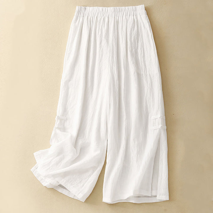 Buddha Stones Frog-Button Hem Slit Design Women's Wide Leg Cotton Linen Pants With Pockets - White - US8-10，UK/AU12-14，EU40-42 (2XL) - image 8