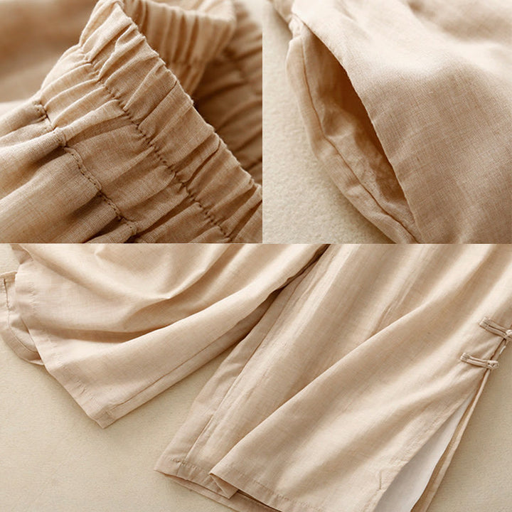 Buddha Stones Frog-Button Hem Slit Design Women's Wide Leg Cotton Linen Pants With Pockets - image 7