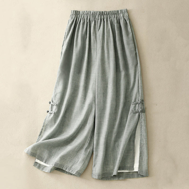 Buddha Stones Frog-Button Hem Slit Design Women's Wide Leg Cotton Linen Pants With Pockets - MediumAquamarine - US8-10，UK/AU12-14，EU40-42 (2XL) - image 17