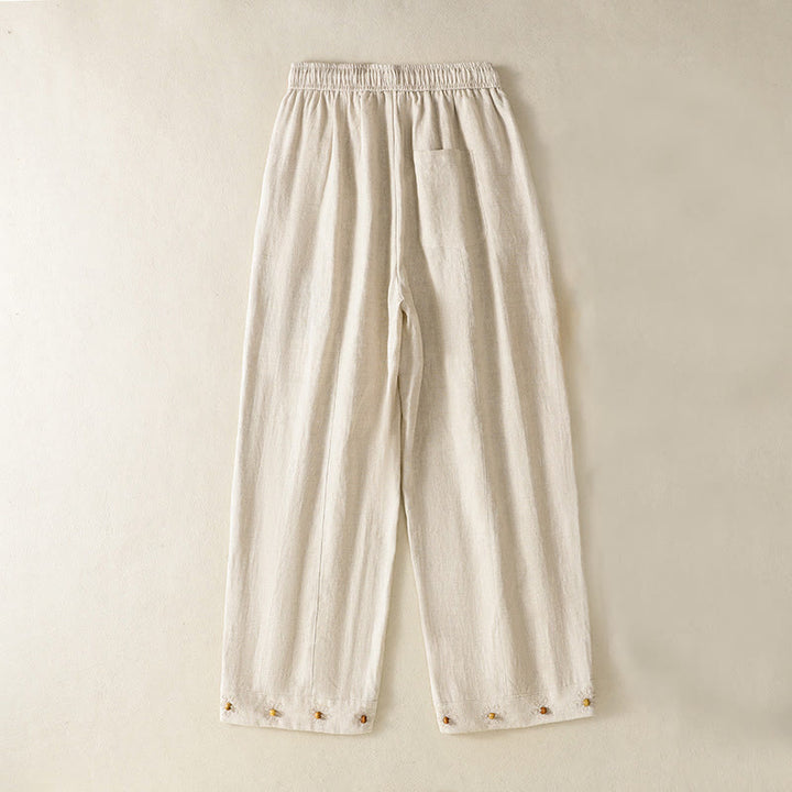 Buddha Stones Casual Embroided Bead Drawstring Women's Wide Leg Cotton Pants With Pockets - Beige - US8-10，UK/AU12-14，EU40-42 (2XL) - image 12