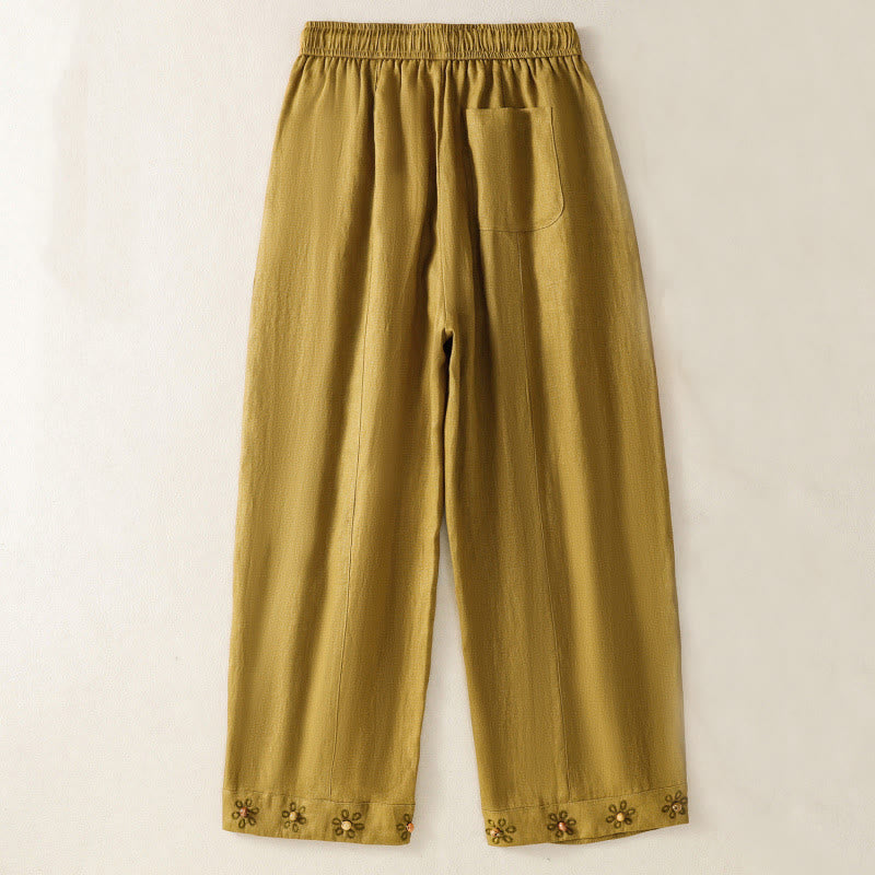 Buddha Stones Casual Embroided Bead Drawstring Women's Wide Leg Cotton Pants With Pockets - DarkGoldenrod - US8-10，UK/AU12-14，EU40-42 (2XL) - image 6