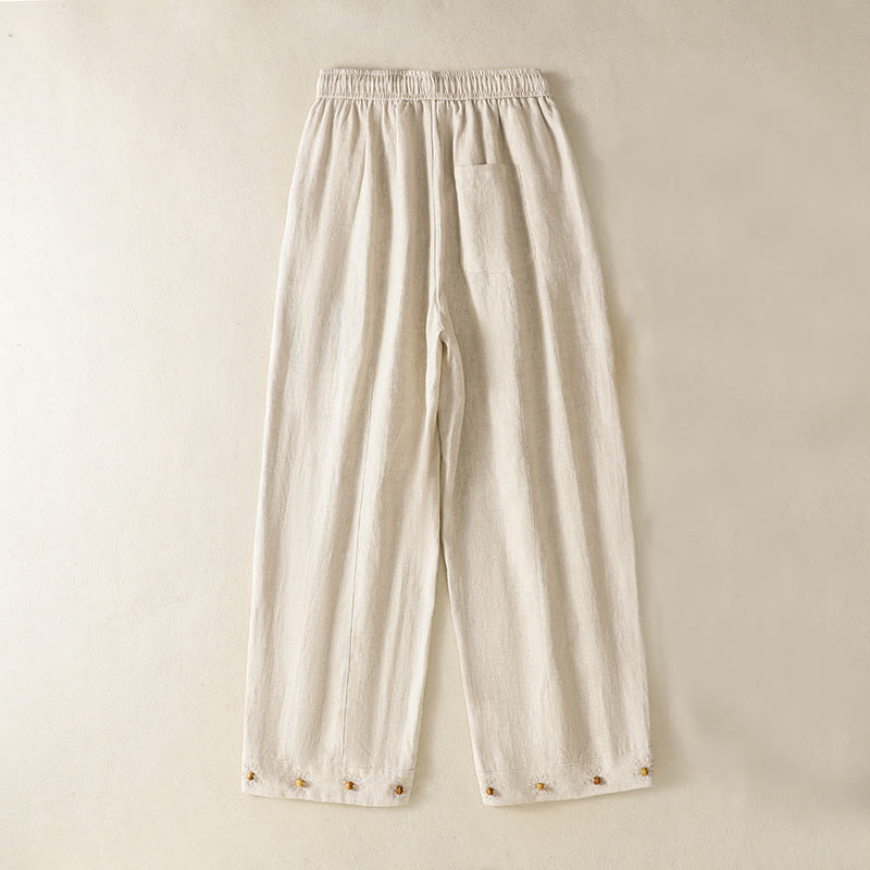 Buddha Stones Casual Embroided Bead Drawstring Women's Wide Leg Cotton Pants With Pockets - Beige - US8-10，UK/AU12-14，EU40-42 (2XL) - image 12