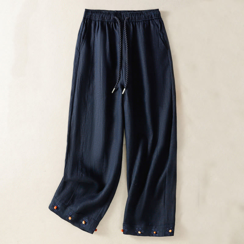 Buddha Stones Casual Embroided Bead Drawstring Women's Wide Leg Cotton Pants With Pockets - MidnightBlue - US8-10，UK/AU12-14，EU40-42 (2XL) - image 0