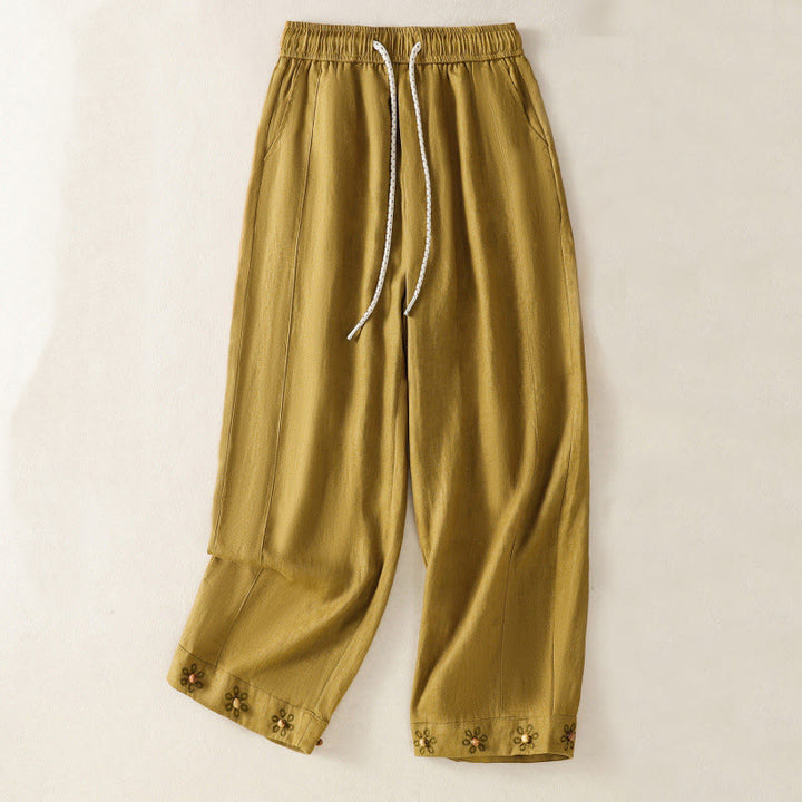 Buddha Stones Casual Embroided Bead Drawstring Women's Wide Leg Cotton Pants With Pockets - image 7