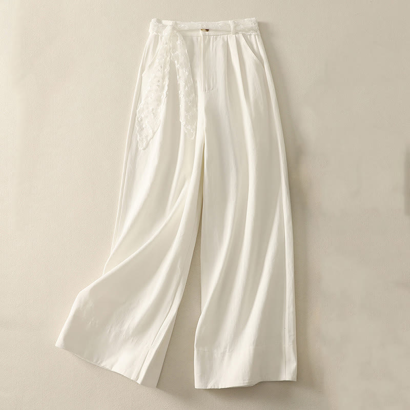 Buddha Stones Daily Solid Color Lace Belt Women's Wide Leg Cotton Pants With Pockets - White - US8-10，UK/AU12-14，EU40-42 (2XL) - image 6