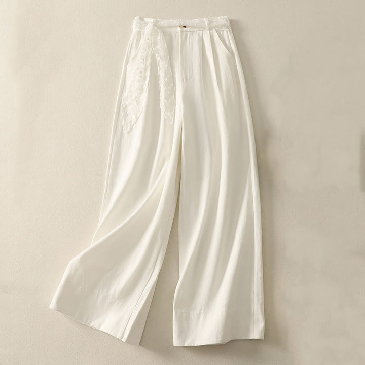 Buddha Stones Daily Solid Color Lace Belt Women's Wide Leg Cotton Pants With Pockets - White - US8-10，UK/AU12-14，EU40-42 (2XL) - image 6
