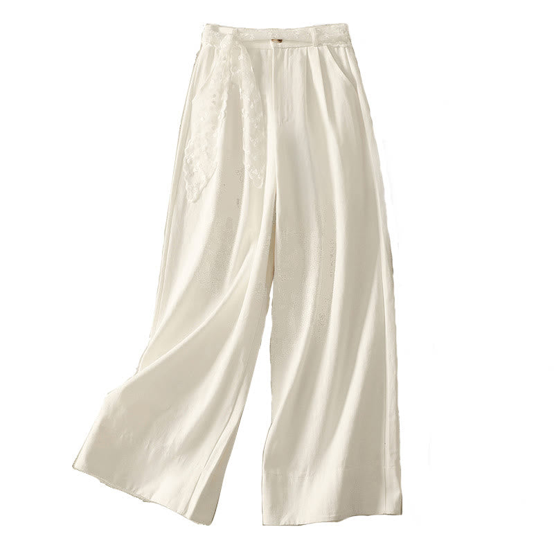 Buddha Stones Daily Solid Color Lace Belt Women's Wide Leg Cotton Pants With Pockets - image 16